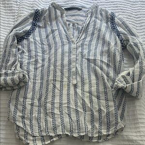 Zara Navy and White Striped Blouse